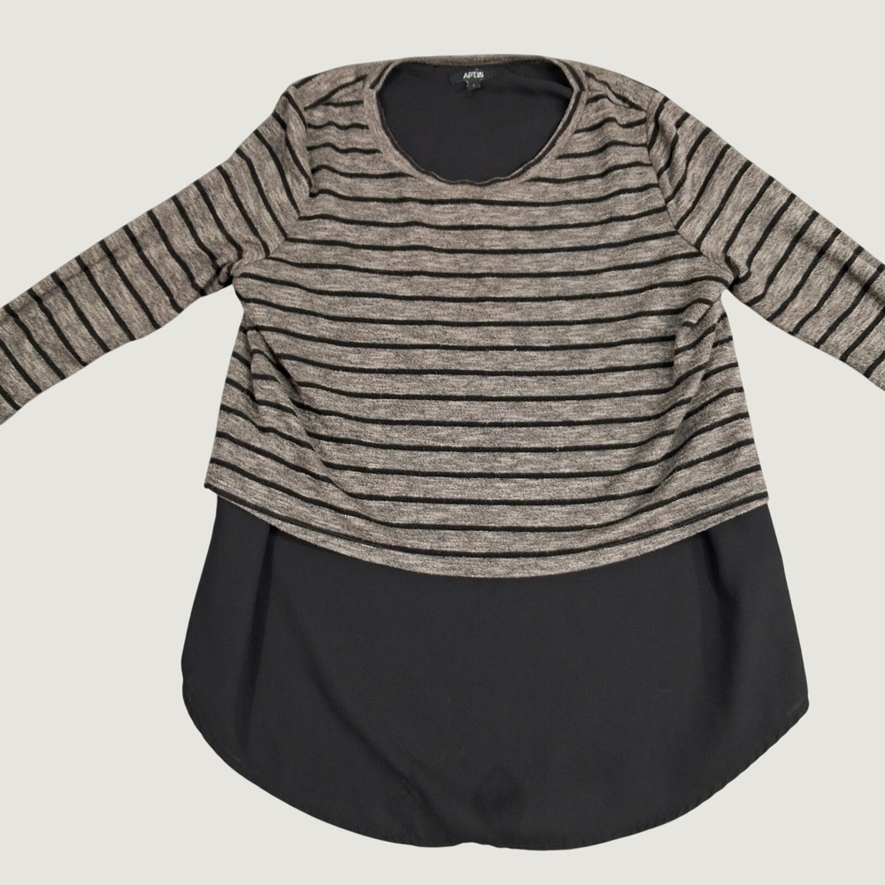 Apt. 9 Layered Hem Top Womens Large Black Gray Striped Long Sleeve Mixed Media